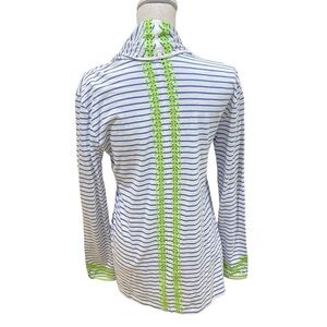 Vineyard vines striped blue/white cardigan contrast neon green embroidery small
